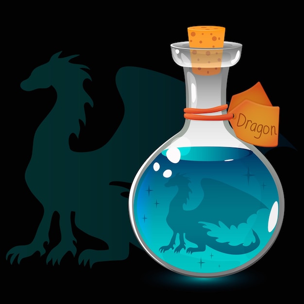Una botella con un dragón mágico una poción verde en un estilo de dibujos animados Vector Año del Dragón