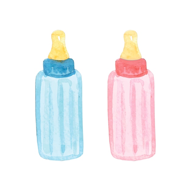 Vector botella de ducha de bebé azul y rosa acuarela ilustración vectorial