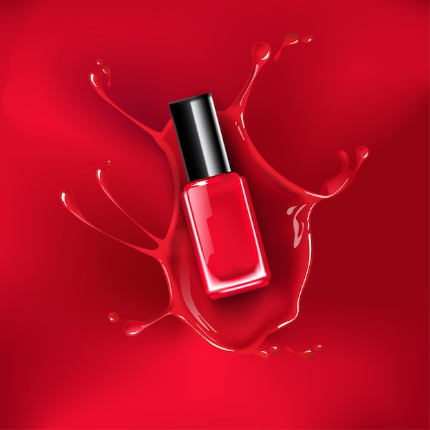 Una botella de esmalte de uñas rojo con toques sobre un fondo de color rojo. Ilustración vectorial 3d