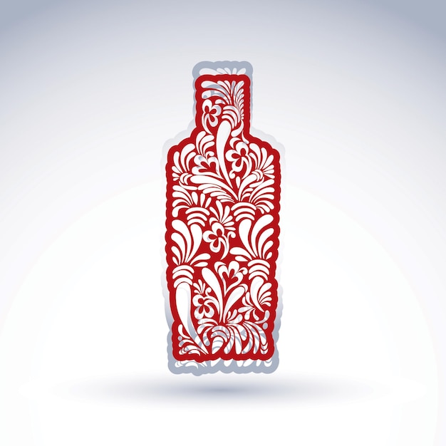 Vector botella estilizada decorada con estampado de flores étnicas. ilustración de vector de idea de alcohol, elegante jarra florida de arte gráfico.