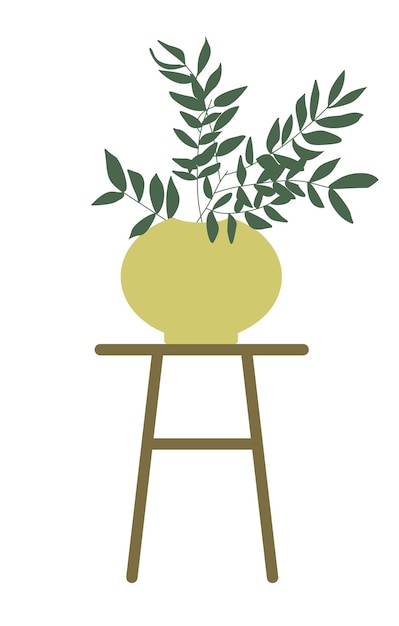 Botella de flores de pie en una mesa o silla de madera Ilustración de estilo plano vectorial con botánica e inter