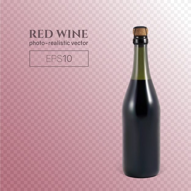 Botella fotorrealista de vino espumoso rojo sobre transparente.