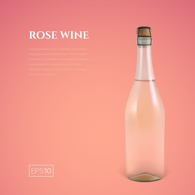 Vector botella fotorrealista de vino rosado espumoso en rosa