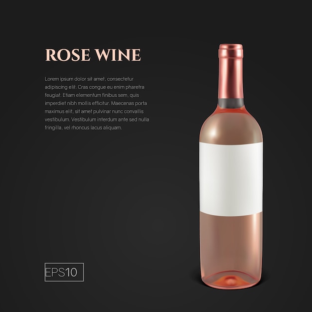 Vector botella fotorrealista de vino rosado sobre un fondo negro