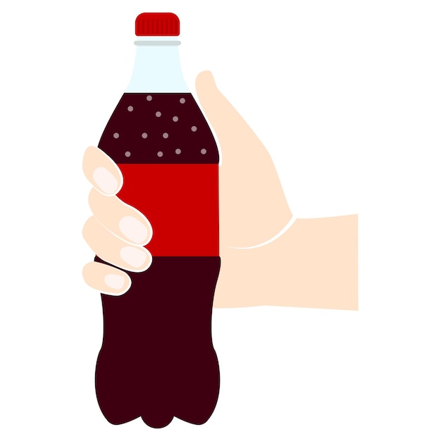 Vector botella de icono de soda sostenida en la mano. soda en pictograma de alquitrán de plástico. bebida de comida rapida