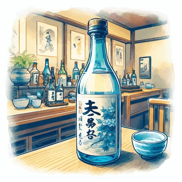 Botella japonesa de Shochu con flores de cerezo Vector de arte