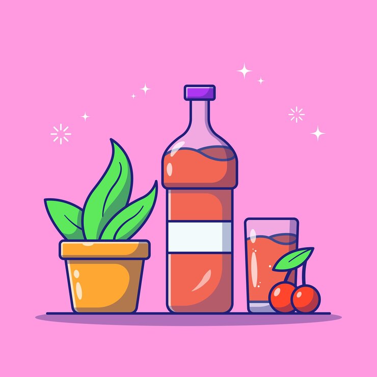 Vector botella de jarabe de cereza fresca con vidrio y planta
