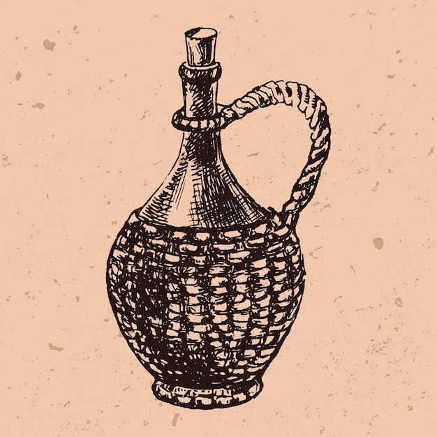 Botella de jarra de vino dibujada a mano en estilo de grabado Bosquejo de tinta de ilustración de vector de bebida alcohólica