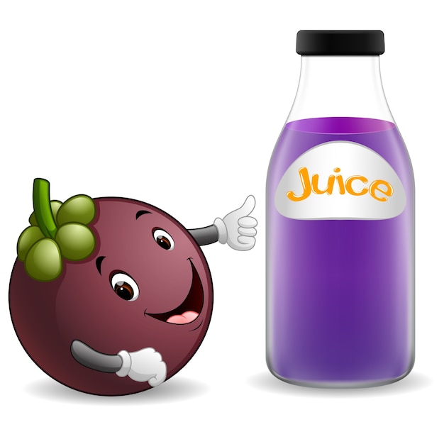 botella de jugo de mangostán con lindo mangostán