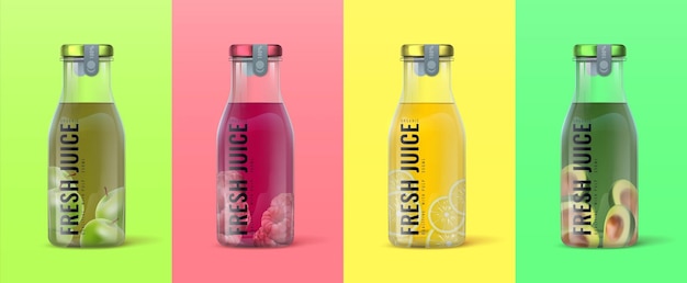 Botella de jugo realista Empaque 3D para bebidas de desintoxicación Bebidas de frutas y bayas o aguacate Conjunto de publicidad Fila de recipientes de plástico cerrados para la marca Productos alimenticios naturales vectoriales