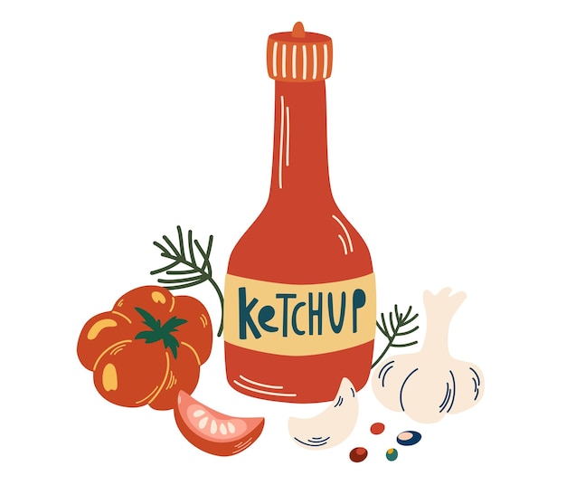 Botella de ketchup e ingredientes tomate ajo y pimienta Alimentos saludables Vector mano dibujar ilustración icono plano aislado en blanco