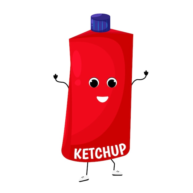 Botella de ketchup con ojos y boca Personaje de tomate divertido Ilustración para niños