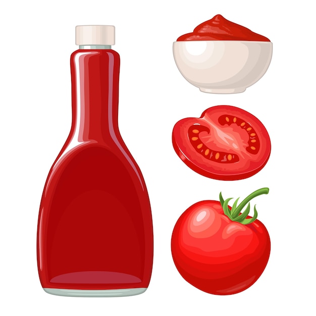 Botella de ketchup salsa de tomate en un plato tomate Vector plano