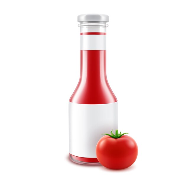 Vector botella de ketchup de tomate rojo brillante de vidrio en blanco para la marca con etiqueta y tomate fresco aislado