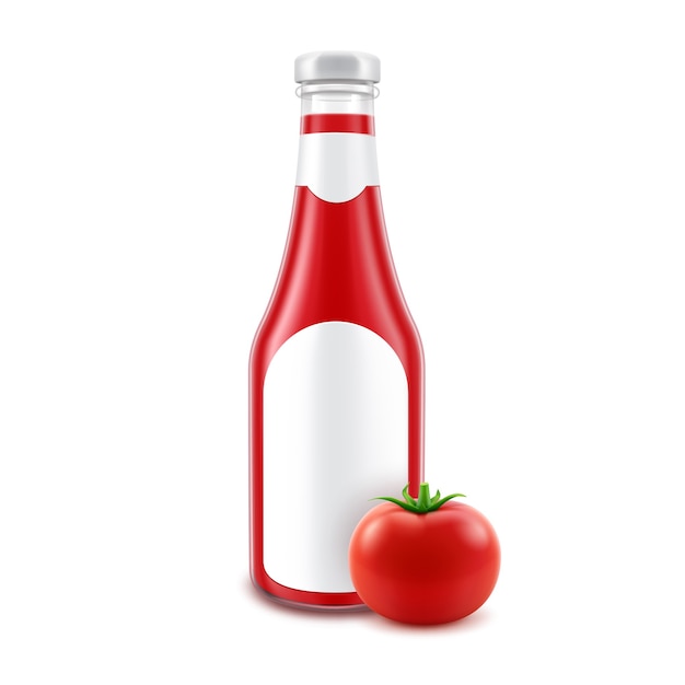 Vector botella de ketchup de tomate rojo de vidrio en blanco para la marca con etiqueta y tomate fresco aislado sobre fondo blanco.