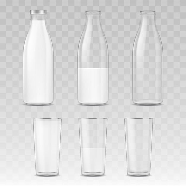 Botella de leche 3d detallada realista y vector de conjunto de vidrio