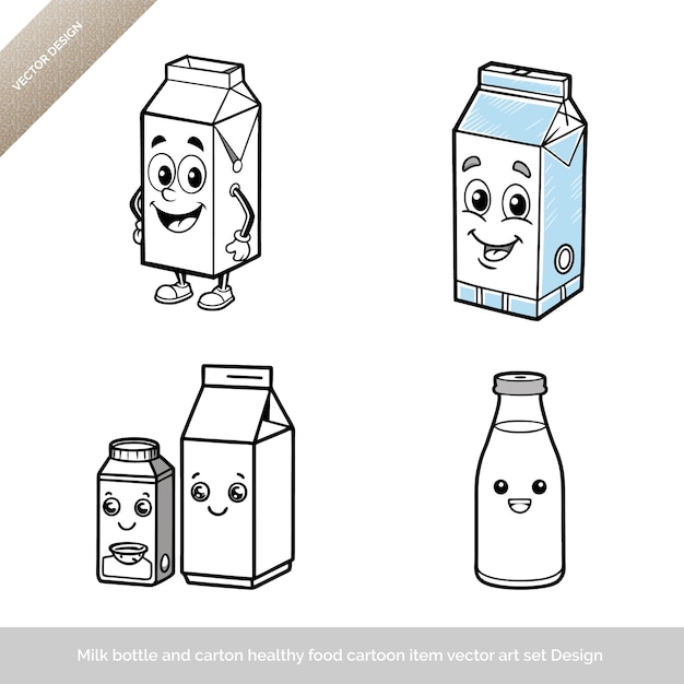 Botella de leche y cartón de alimentos saludables conjunto de arte vectorial de dibujos animados