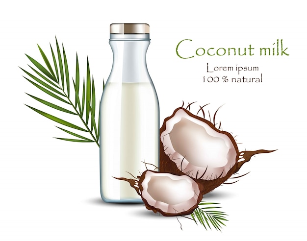 Botella de leche de coco realista. Identidad alimentaria Empaquetado de maquetas