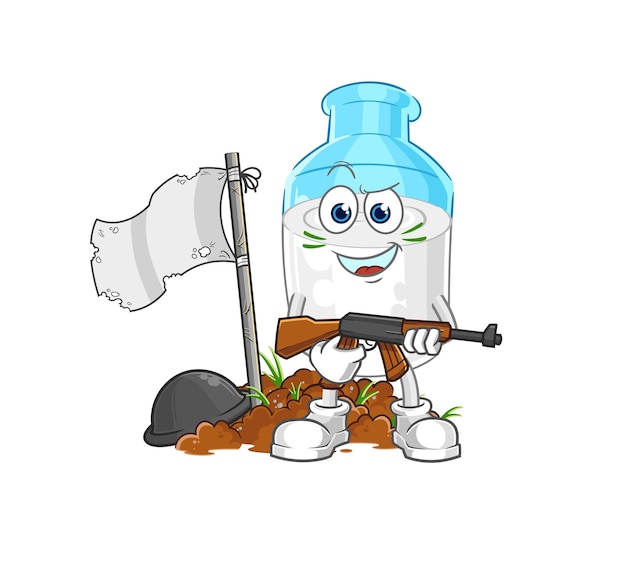 botella, de, leche, ejército, carácter, caricatura, mascota, vector