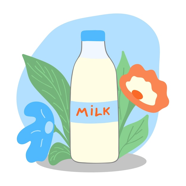 Una botella de leche en follaje con flores el 1 de junio es la fiesta de la leche etiqueta de alimentos saludables etiqueta o diseño ilustración vectorial