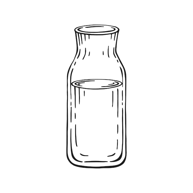 Botella de leche o agua aislada sobre fondo blanco ilustración vectorial en blanco y negro dibujada a mano