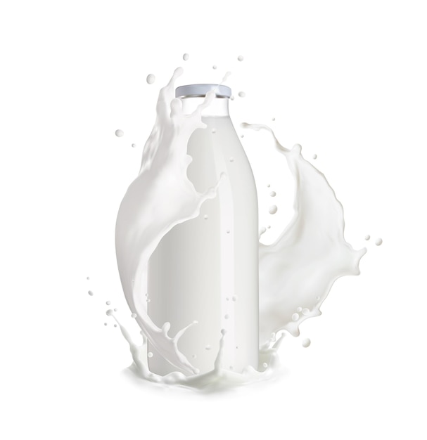 Vector botella de leche realista con ola blanca salpicada de crema