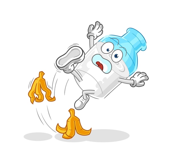 Botella de leche resbaló en vector de mascota de dibujos animados de plátano