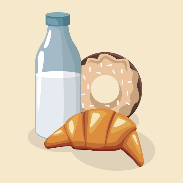 Botella de leche con rosquilla dulce y croissant