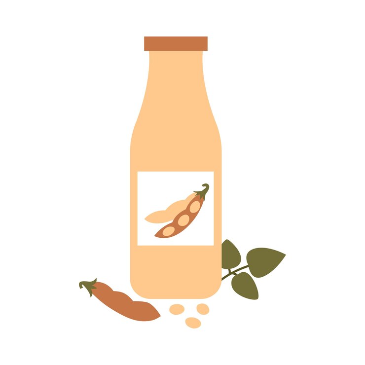 Vector botella de leche de soja con vaina y hojas concepto de bebida vegana a base de plantas bebida sin lácteos y sin lactosa ilustración plana vectorial