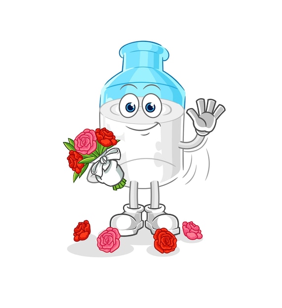 Botella de leche con vector de dibujos animados de mascota de ramo