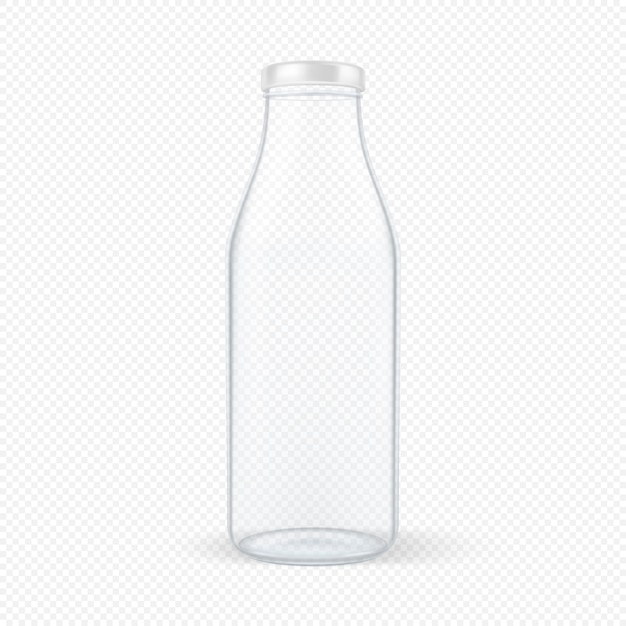 Vector botella de leche de vidrio vacía cerrada transparente realista con tapa blanca closeup