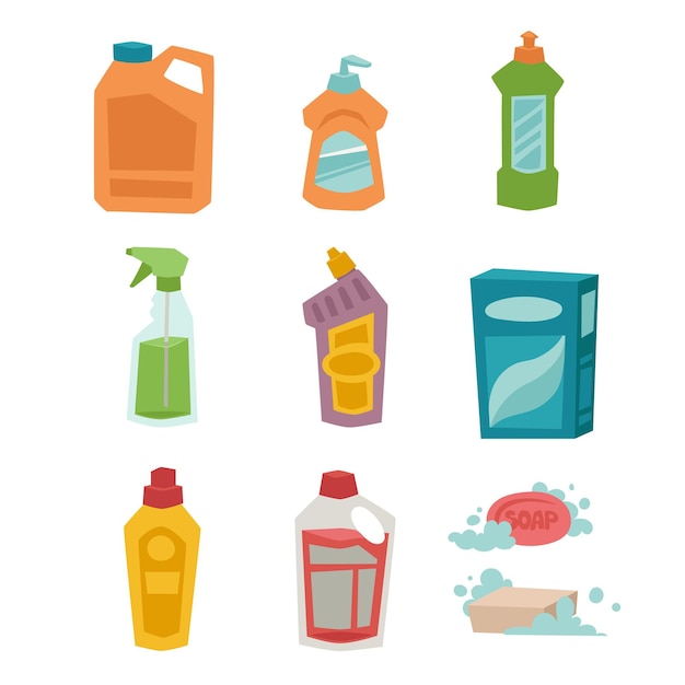 Botella limpiadora, producto químico para el hogar y cuidado, lavado de equipo de plástico, ilustración de vector plano líquido de limpieza. Higiene contenedor doméstico artículos de tocador herramienta doméstica.