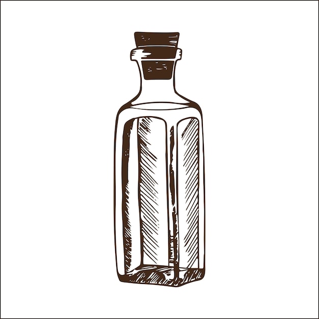 Botella con líquido en el interior. Ilustración dibujada a mano de una botella.