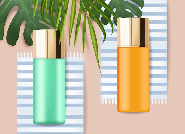 Botella de loción de crema solar realista, colección de cosméticos, fondo tropical, diseño dorado