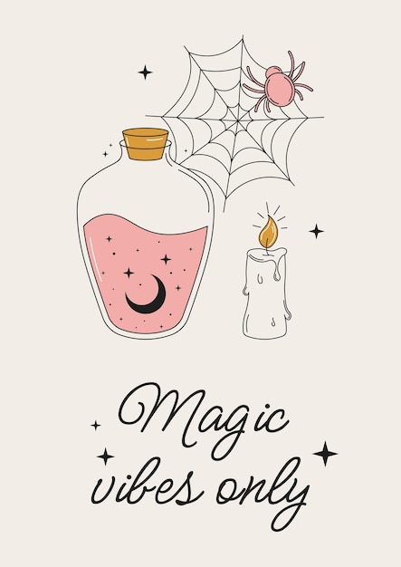 Una botella mágica con luna y estrellas dentro de una vela y una araña Cartel de la tarjeta de Halloween Magic vibes
