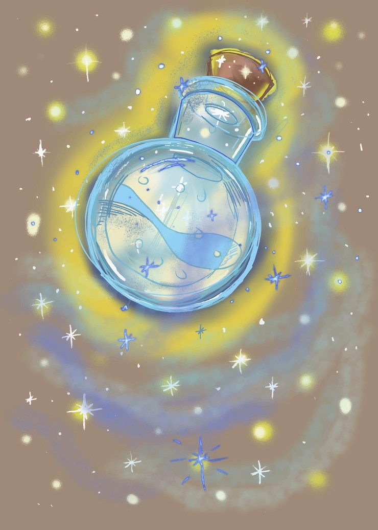 Vector botella mágica mágica que brilla intensamente en forma de bombilla fondo de juego brillante dibujado a mano