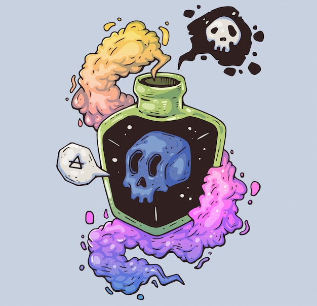 Botella mágica con veneno. Cráneo místico en un vaso. Ilustración de dibujos animados Carácter en el estilo gráfico moderno.