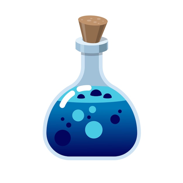 Botella mágica de vidrio Alquimia amor elixir en frasco de vidrio Corcho y poción azul vector de dibujos animados con corazones Brujería poción rosa de bruja o veneno