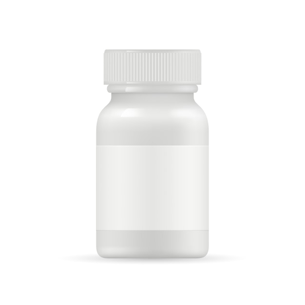 Botella de medicamento realista. Pastillas blancas o drogas botella de embalaje aislado sobre fondo blanco.