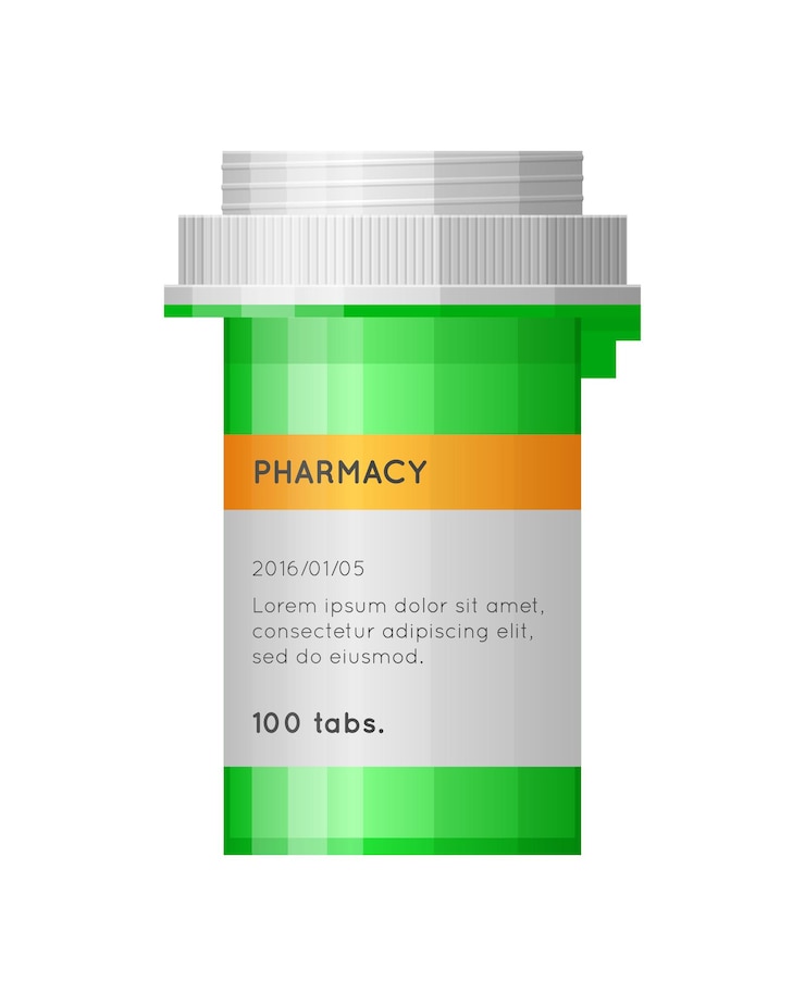 Vector botella de medicamentos con etiqueta botella vacía para medicamentos tabletas cápsulas recetas vitaminas, etc. contenedor farmacéutico aislado sobre fondo blanco