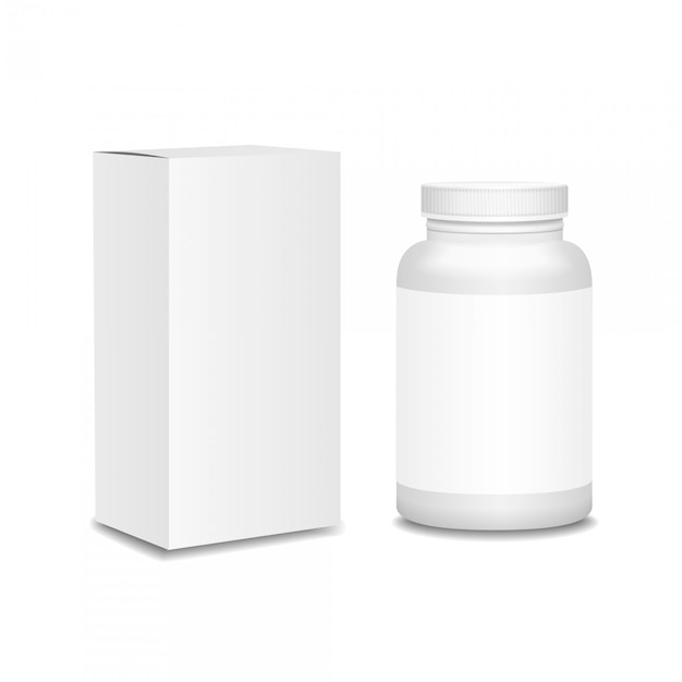 Vector botella de medicina en blanco con caja realista