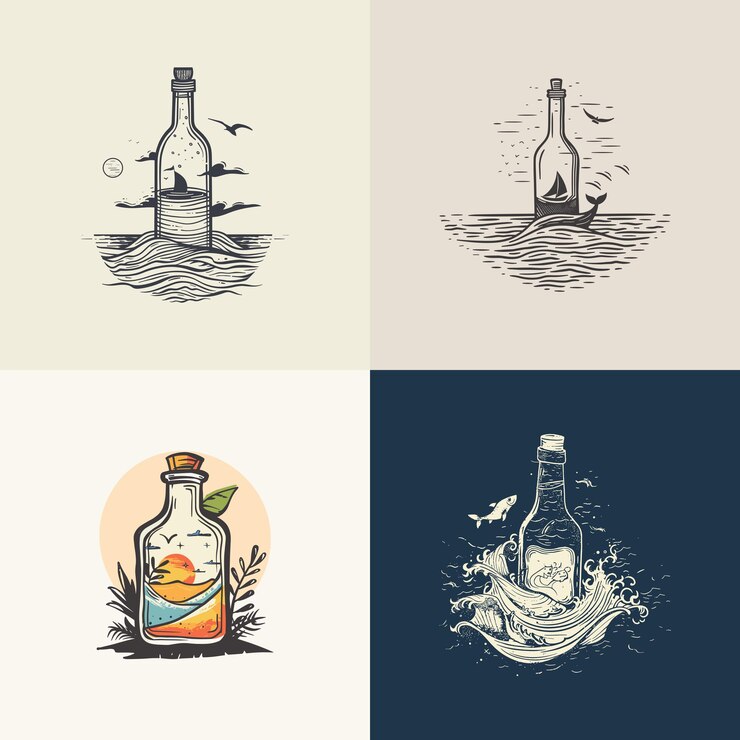 Vector botella en el medio del vector de diseño del logotipo del mar