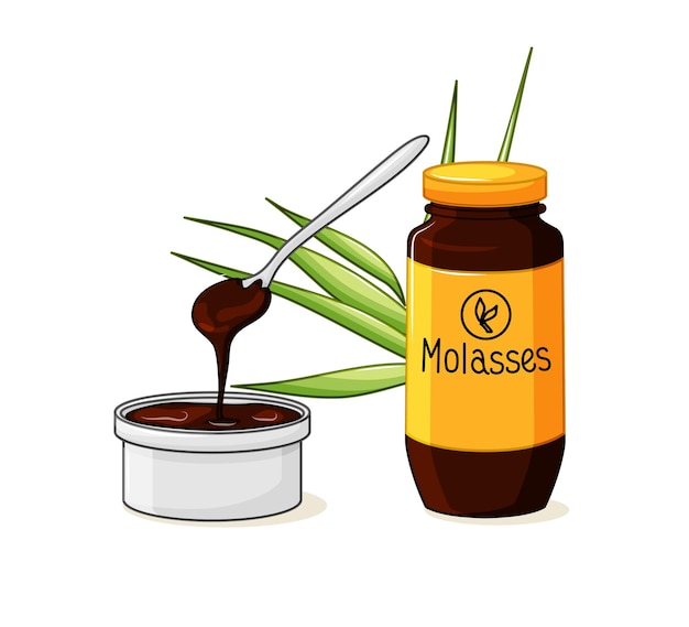 Botella de melaza. Producto elaborado a partir de caña de azúcar. Un cuenco con una cuchara y jarabe sobre un fondo blanco aislado. Ilustración vectorial.