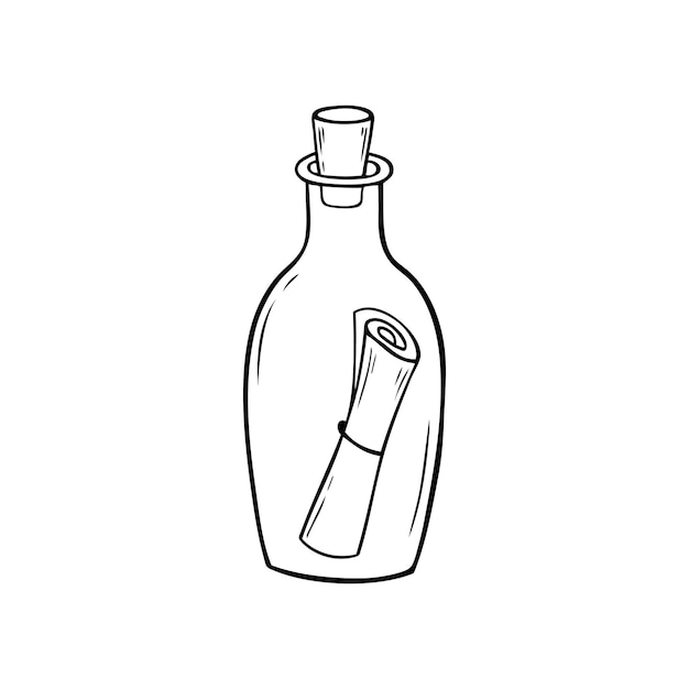 Botella con un mensaje dentro en estilo garabato Ilustración vectorial dibujada a mano aislada sobre fondo blanco