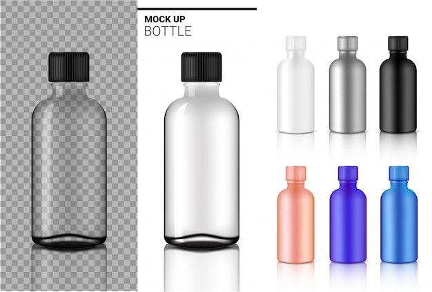 Vector botella mock up realista transparente blanco, negro y ampolla de vidrio o gotero de plástico embalaje