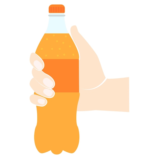 Vector botella naranja sosteniendo en la mano bebida refrescante vector ilustración diseño plano aislado sobre fondo blanco alquitrán de plástico plantilla de jugo de naranja o albaricoque naranja con gas