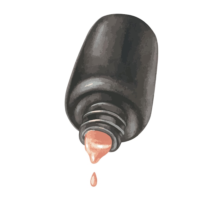 Vector una botella negra de esmalte de uñas se vierte y gotea estilo acuarela ilustración vectorial