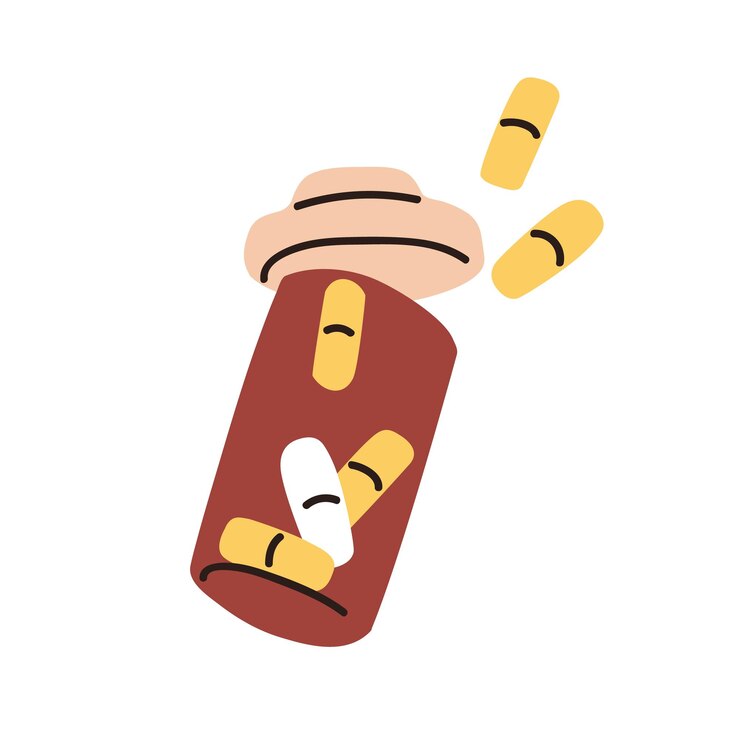 Vector botella de pastillas abstractas. medicamentos, vitaminas en cápsulas esparcidas por un recipiente de vidrio para medicamentos. suplemento de salud en frasco transparente abierto con tapa. ilustración de vector plano aislado sobre fondo blanco.