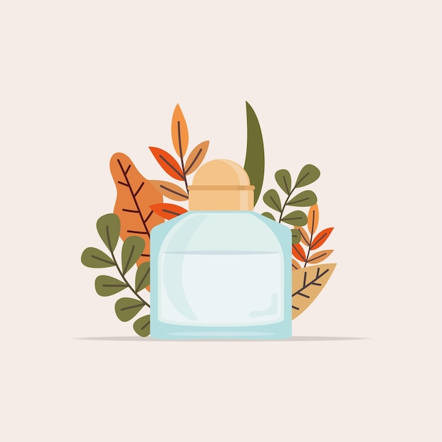 Botella de perfume aislada con hojas naturales Vector