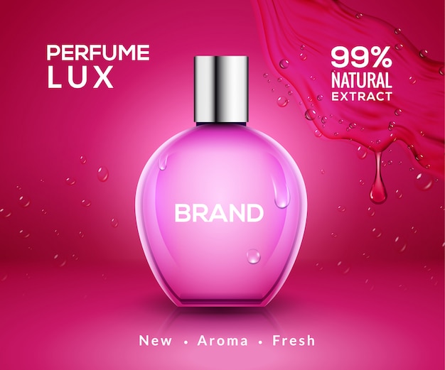 Botella de perfume de diseño de vidrio. Envase cosmético de belleza cuidado femenino. Diseño de producto de perfume.
